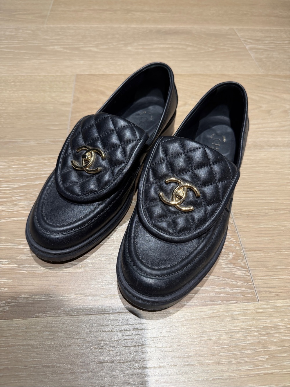 CHANEL Black Quilted Leather Loafers with Gold CC Hardware